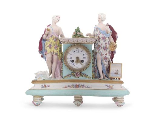A mid 19th Century continental porcelain cased mantel clock in Meissen style, the plinth raised on feet and surmounted by a c