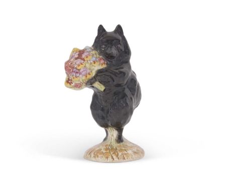 Beswick. Duchess with Flowers, from Beatrix Potter, very rare figurine, depicting a black dog holding a bunch of flowers, gol