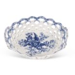 A fine 18th Century Worcester porcelain basket with blue printed pine cone design and painted