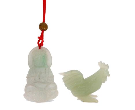 A jade carving of a Buddha and a further carving of a cockerel, possibly Jadegood condition 4 cms high