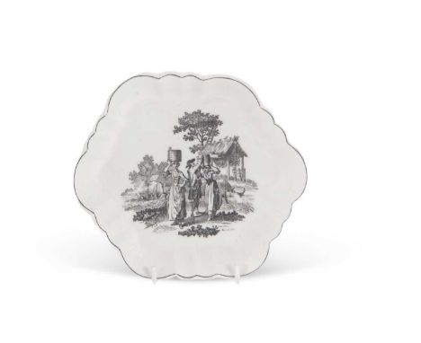 An 18th Century Worcester porcelain teapot stand, black printed with the milk maids print, 15cm diameter