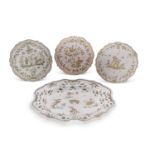 Group of 3 French Faience plates with shaped rims and typical decoration one marked Moustiers and