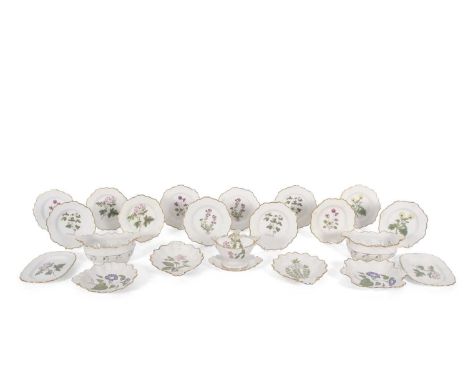 A fine early 19th Century botanical dessert service, possibly Spode, each piece finely painted with a botanical specimen name