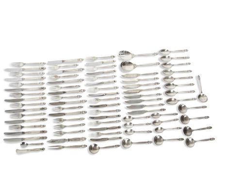 Georg Jensen "Acorn" pattern flat ware marked sterling Denmark, Georg Jensen, to include seven dinner forks, eight table kniv