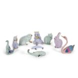 A group of Herend porcelain models of animals including a Panda, two Rabbits, a Swan, two Cats, a