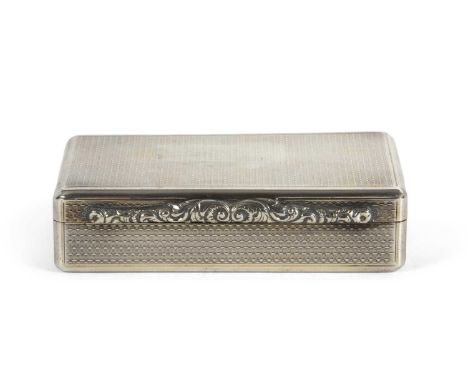A William IV silver snuff box of rectangular form, engine turned decorated all over, applied floral scroll thumb piece, havin