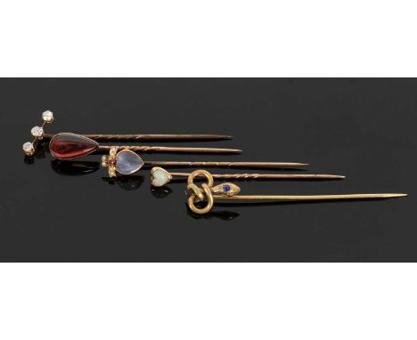 Five gemset stick pins, to include an unmarked pear shape garnet stick pin, garnet 15mm long, 1.8g; an unmarked heart shape o