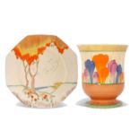 A Clarice Cliff octagonal plate with a stylised landscaped Taormina design together with a small