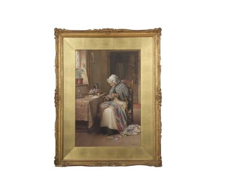 Charles Edward Wilson (1854-1941), Interior scene depicting an elderly lady attending to a patch work quilt and letter, water