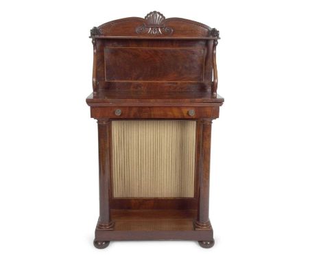 An unusual late Georgian console table with arched back over a single shelf with scrolled supports, a single freize drawer an
