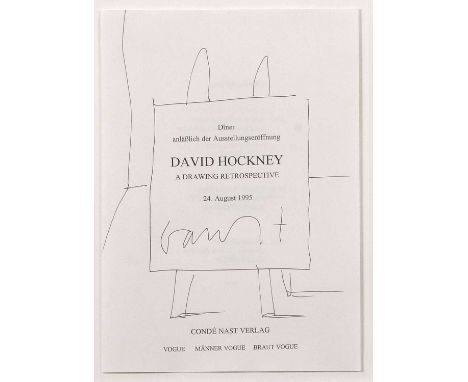 David Hockney OM CH RA (b.1937), 'A Drawing Retrospective', 24th August 1995, original folding menu signed in ball-point pen 