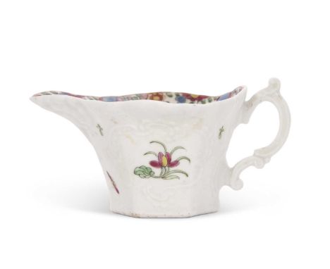 An 18th Century Worcester porcelain hexagonal cream boat, circa 1758 with a polychrome design (restoration)restoration to a h