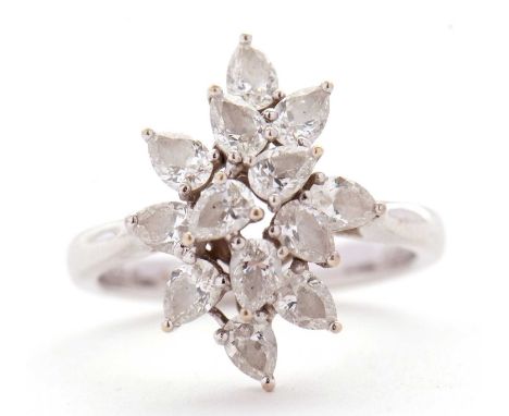 An 18ct diamond cluster ring, set with twelve marquise brilliant cut diamonds, total 1.55cts, all set in white gold with a pl
