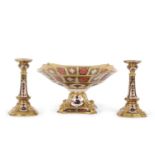 Royal Crown Derby Tazza 1128 Imari pattern 26.5 cm diameter. Together with a pair of 1128 pattern