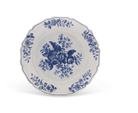 A rare Lowestoft porcelain plate with shaped rim, printed with a version of the Worcester pine cone pattern, ex Robert Woodth