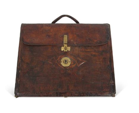 A Victorian brown leather mounted early briefcase or writing box formed as a small case with hinged front opening to a red le