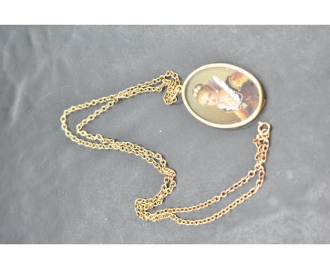 An Italian miniature portrait pendant depicting a gem set maiden in an 18ct gold mount on a 9ct gold chain, 6.7g &amp; 5g