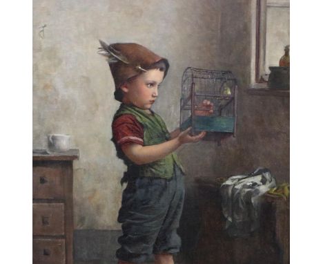 Edmund Adler Rode (1876-1965): oil on canvas, His Pet Canary, 47 x 30 cm. UK P&amp;P Group 1 (£16+VAT for the first lot and £