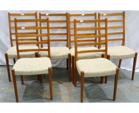 Svegards Maarasto set of six teak framed ladder back upholstered dining chairs. Not available for in-house P&amp;P 