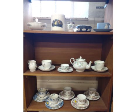 Three Royal Stafford 'Fragrance' pattern cups, saucers, and plates, Grafton tea-for-two service, four Wedgwood items, Royal W