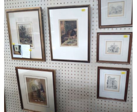 A group of three watercolours, framed, together with three pencil sketches, framed. (6) 