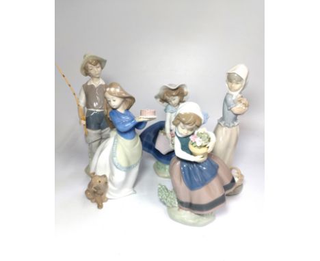 Lladro boy with fishing rod and two girl figures, 17cm to 23cm, and two Nao girl figures, 18cm and 21cm. (5) 