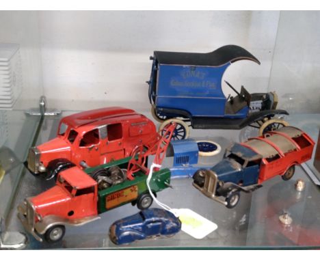 Triang Minic tinplate clockwork Refuse Wagon, Fire Engine, Breakdown Truck, miniature saloon; and a diecast Gabriel Models Fo