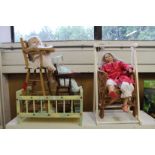 A dolls cot, two high chairs and similar items to include dolls