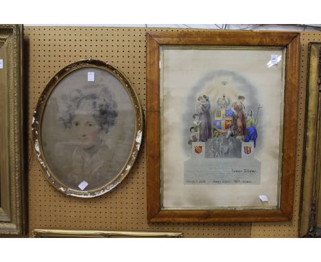 A framed and glazed masonic certificate together with an oval portrait bust of a young lady