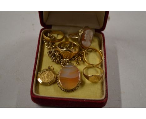 An 18ct gold signet ring AF; together with various other gold rings to include a cameo example etc. 