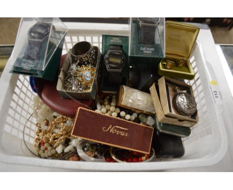 A basket containing golfing score watches; various costume jewellery; a pocket watch etc. 