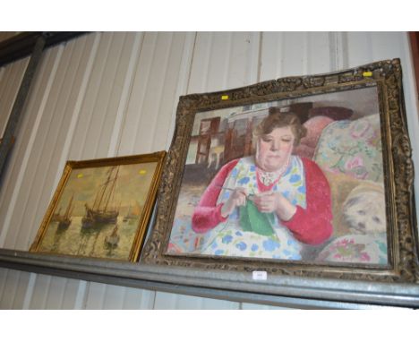 An oil on board portrait study of a lady knitting; together with a gilt framed coloured print of boats