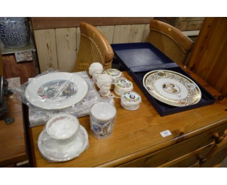 A coal port Christmas plate together with a Royal Worcester commemorative plate; three small pots and lids; two busts; a coal
