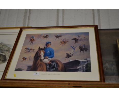 A coloured horse racing print depicting Frankie Dettori on horseback 