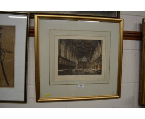 A gilt framed coloured print depicting The Hall of Christchurch 