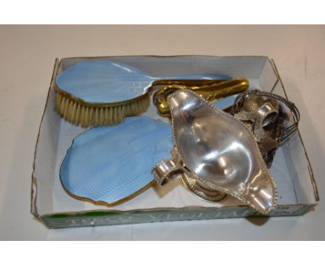 A box containing a silver plated sauce boat, a novelty salt and pepper in the form of birds and a blue enamel hand brush and 