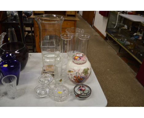 A Maisons ironstone fruit basket, ginger jar and cover together with various candle lantern and other glassware
