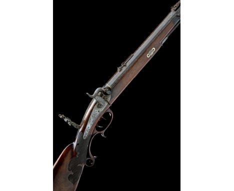A .55 GERMAN PERCUSSION SPORTING RIFLE BY J. ADAM KUCHENREUTER, CIRCA 1850, no visible serial number, with 28in. octagonal ba