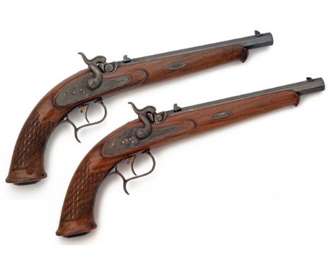 AN UNUSUALLY LATE COMPOSED PAIR OF 120-BORE PERCUSSION RIFLED GERMAN TARGET PISTOLS, UNSIGNED, serial numbered 504 and 618, G