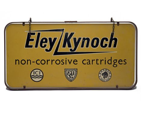 A SCARCE PAIR OF VINTAGE ELEY-KYNOCH HANGING METAL SIGNS, comprising of mustard-yellow double-sided tin signs printed 'ELEY-K