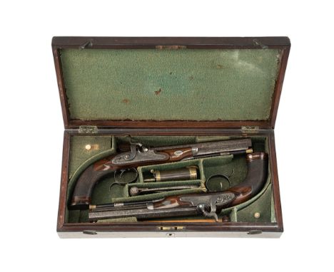 A CASED PAIR OF 28-BORE PERCUSSION DUELLING PISTOLS BY BLANCH, LONDON, no visible serial numbers, circa 1800 with later conve