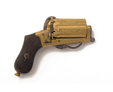 AN UNUSUAL 7mm PINFIRE SIX-SHOT ALL-BRASS PEPPERBOX POCKET REVOLVER, UNSIGNED, CIRCA 1860, no visible serial number, with 2in
