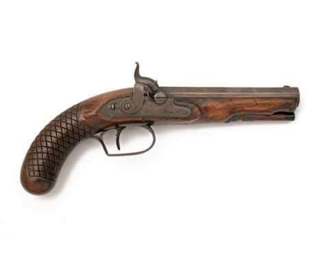 A 32-BORE PERCUSSION CONVERTED FROM FLINT TRAVELLING PISTOL BY D. EGG, CIRCA 1800 / 1840, no visible serial number, with 6in.