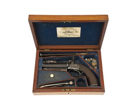 A GOOD CASED 40-BORE DOUBLE-BARRELLED PERCUSSION PISTOL BY R. BURNAND WITH SPRING BAYONET, CIRCA 1840, no visible serial numb