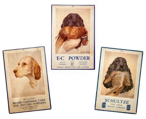 A COLLECTION OF THREE MATCHING VINTAGE POINT OF SALE CARDS ADVERTISING POWDERS AND CARTRIDGE CASES, each with an illustration