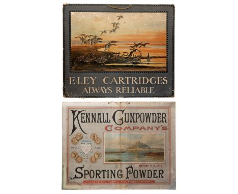 TWO RARER LARGE-SIZE VINTAGE CARTRIDGE &amp; POWDER HANGING CARD ADVERTISEMENTS, the first with an illustration of geese taki