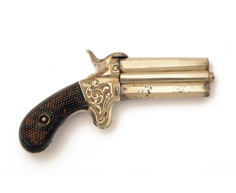 A 7mm PINFIRE TURN-OVER UNSIGNED POCKET-PISTOL, CIRCA 1865, no visible serial number, with nickel plated 2 3/8in. octagonal b