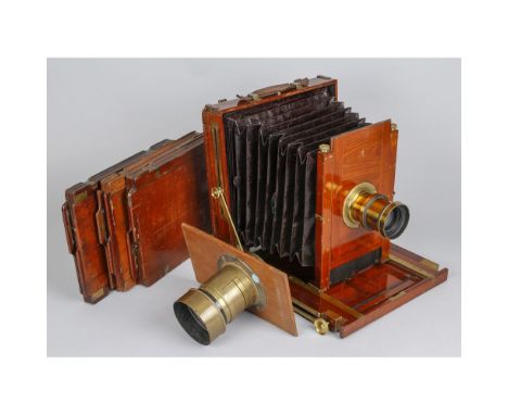 A Hare Whole Plate Field Camera, body, G, top corner joint fractured, a brass bound Rapid Rectilinear 8½'x6½' F8 lens marked 