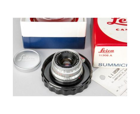 Leica 35mm Summicron Lens, 8 element, 1st type, chrome finish No 2066198, body, E, elements, VG, light haze, in maker's dome 