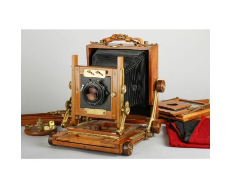 John Nesbitt Field Camera Outfit, modern, wood and brass, 7x5 format camera hand-made in Llanidloes, also with a 5x4 reducing